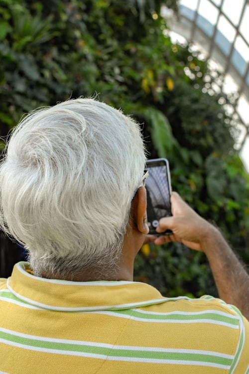 Old Indian man taking a picture of a tree